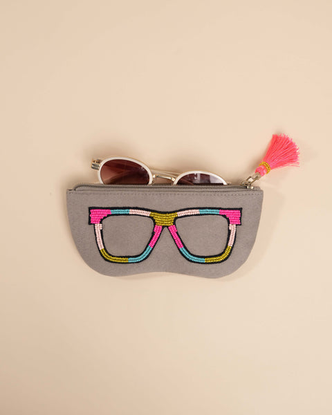 Quirky sunglass pouch with multicolor floral threadwork – handmade cotton cover