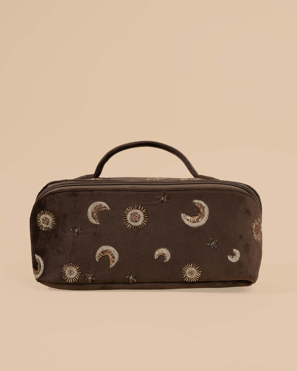 Brown makeup pouch with golden moon, sun, and star embroidery, stylish travel organizer bag.