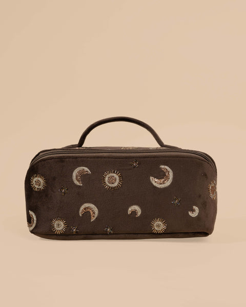 Brown makeup pouch with golden moon, sun, and star embroidery, stylish travel organizer bag.