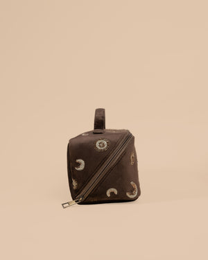 Brown makeup pouch with golden moon and star embroidery, handmade vanity organizer for women.