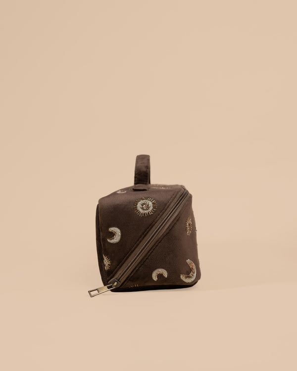 Brown makeup pouch with golden moon and star embroidery, handmade vanity organizer for women.