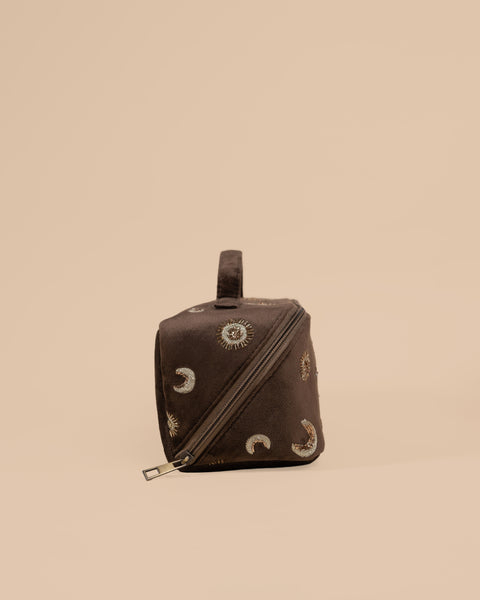 Brown makeup pouch with golden moon and star embroidery, handmade vanity organizer for women.