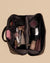 Spacious brown makeup pouch featuring celestial embroidery, perfect cosmetic bag for travel and daily use.