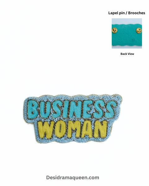 Handmade business woman brooch with beaded embroidery in blue and yellow, symbol of empowerment