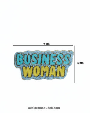 Blue and yellow embroidered brooch with Business Woman text