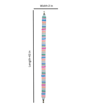 Measurement chart of a colorful strap with dimensions on a white background