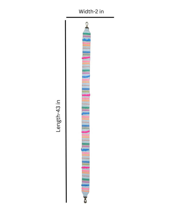 Measurement chart of a colorful strap with dimensions on a white background