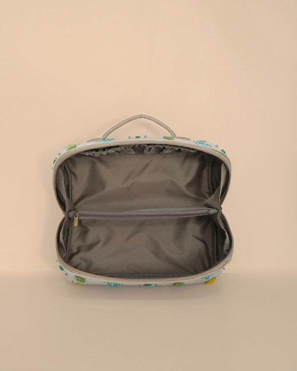 Open Cactus Sand Shell Makeup Pouch displaying a spacious lined interior with a zippered divider compartment, providing organized storage for makeup, skincare products, toiletries, and travel essentials.