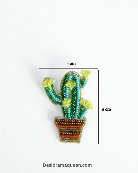 Handmade cactus brooch with green beads and embroidered pot