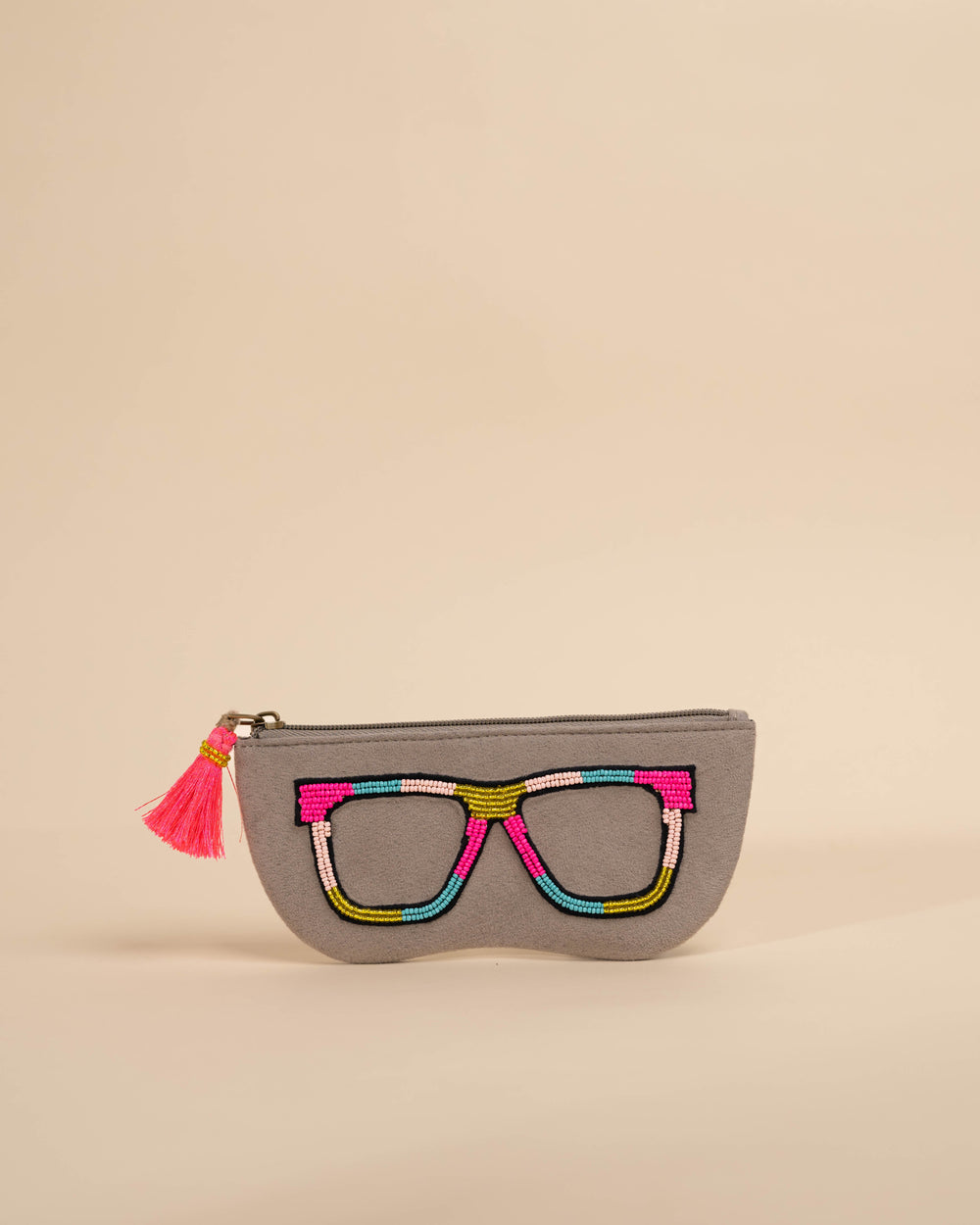 Grey hand-embroidered sunglass cover with multicolor threadwork – quirky daily-use chashma pouch