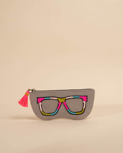 Grey hand-embroidered sunglass cover with multicolor threadwork – quirky daily-use chashma pouch