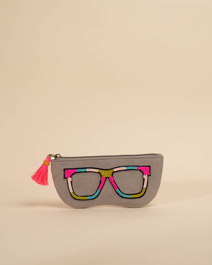Grey hand-embroidered sunglass cover with multicolor threadwork – quirky daily-use chashma pouch