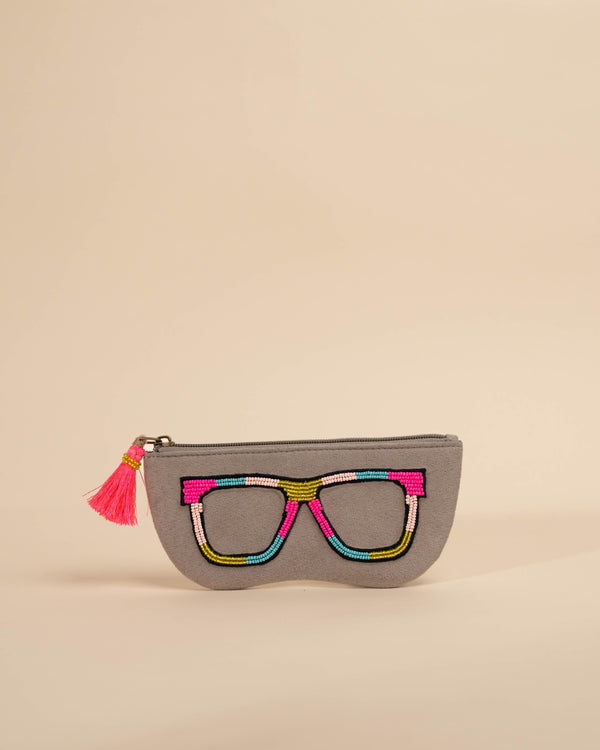 Grey hand-embroidered sunglass cover with multicolor threadwork – quirky daily-use chashma pouch