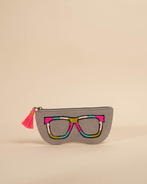 Grey hand-embroidered sunglass cover with multicolor threadwork – quirky daily-use chashma pouch