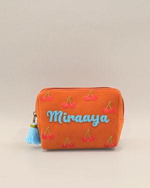 Miraaya Orange Cherry Name Pouch – Personalized Embroidered Makeup & Accessory Pouch