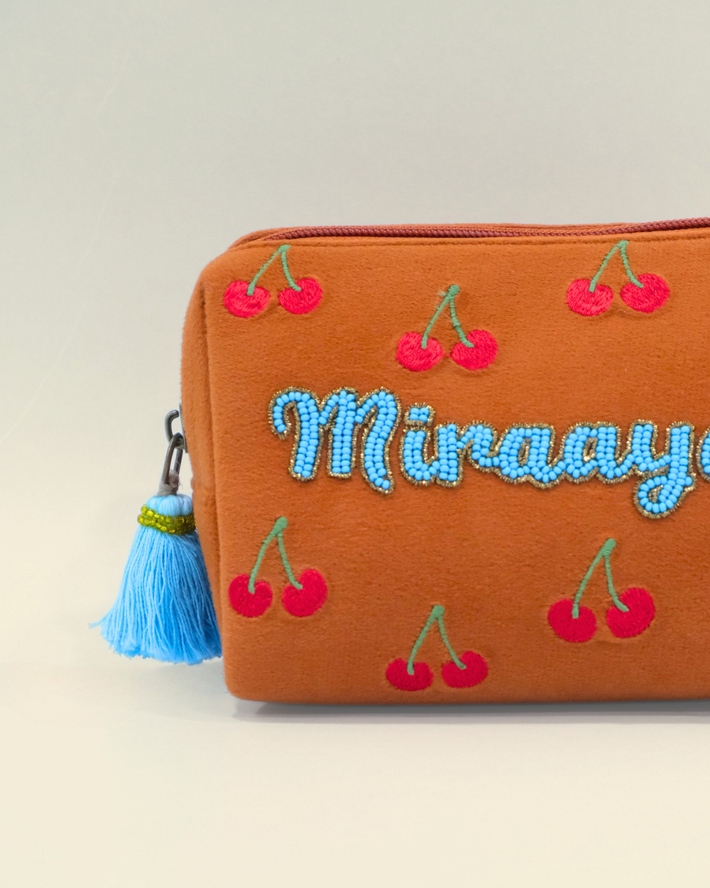 Miraaya Orange Cherry Name Pouch – Personalized Embroidered Makeup & Accessory Pouch