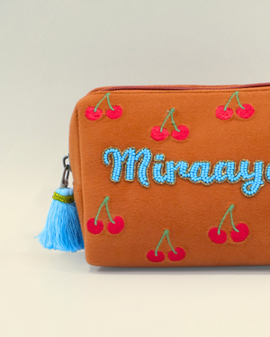 Miraaya Orange Cherry Name Pouch – Personalized Embroidered Makeup & Accessory Pouch