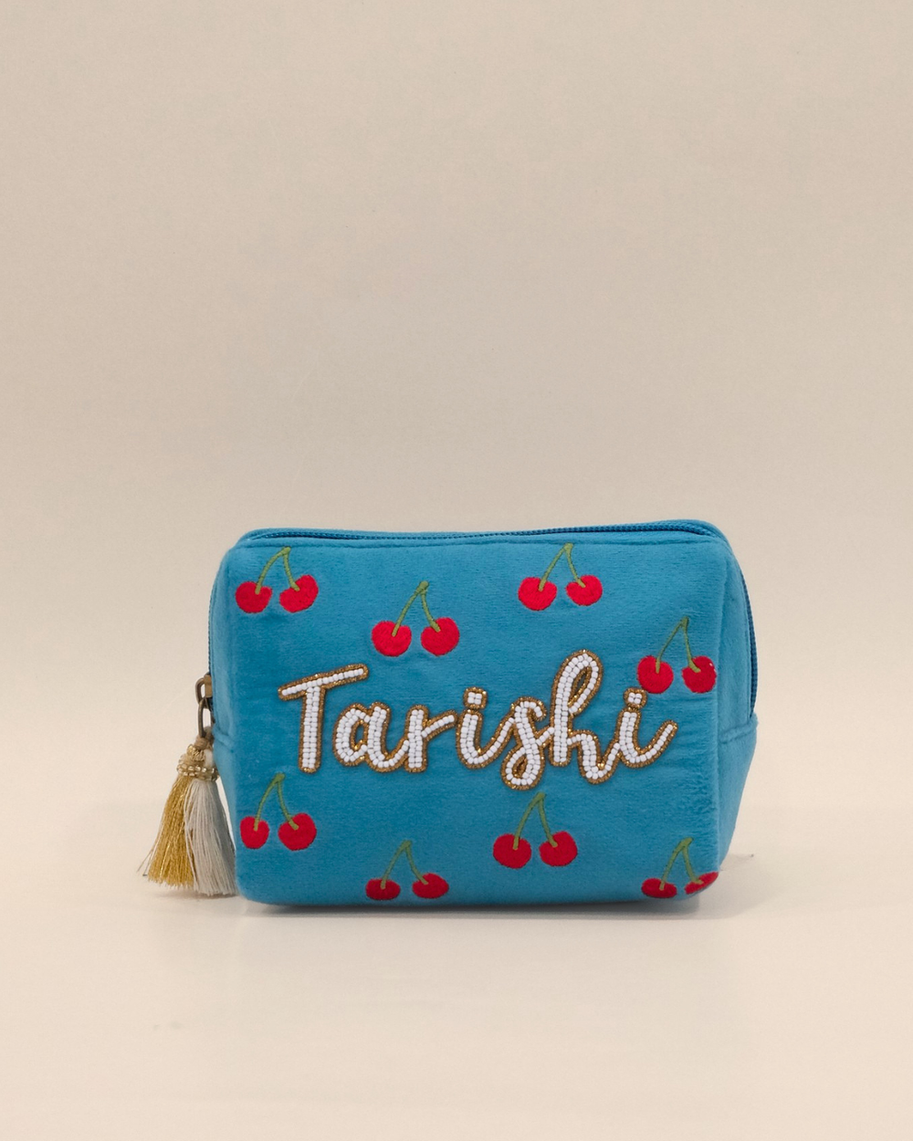 Tarishi Blue Cherry Name Pouch – Personalized Embroidered Makeup & Accessory Pouch