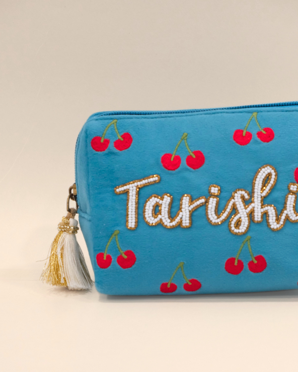 Tarishi Blue Cherry Name Pouch – Personalized Embroidered Makeup & Accessory Pouch