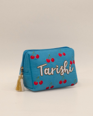 Tarishi Blue Cherry Name Pouch – Personalized Embroidered Makeup & Accessory Pouch