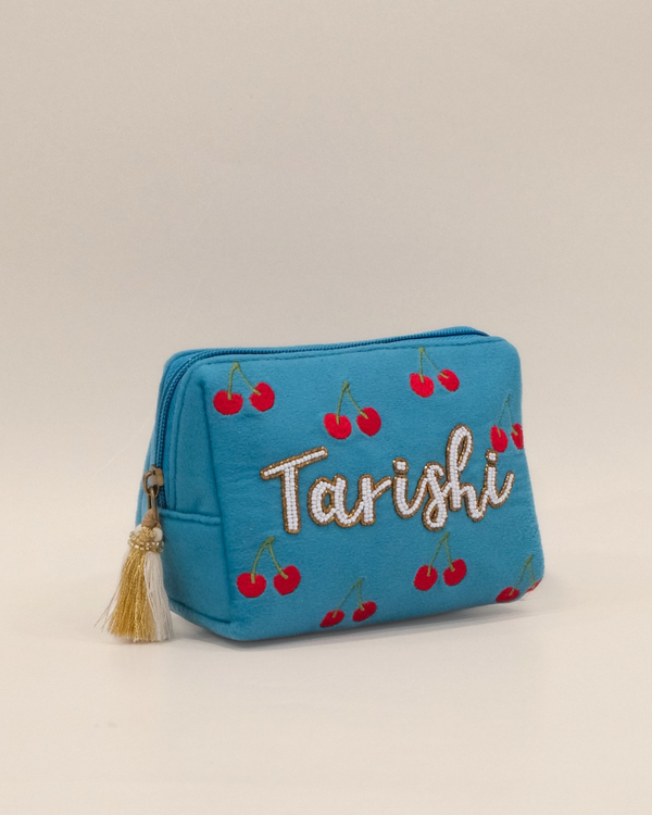 Tarishi Blue Cherry Name Pouch – Personalized Embroidered Makeup & Accessory Pouch