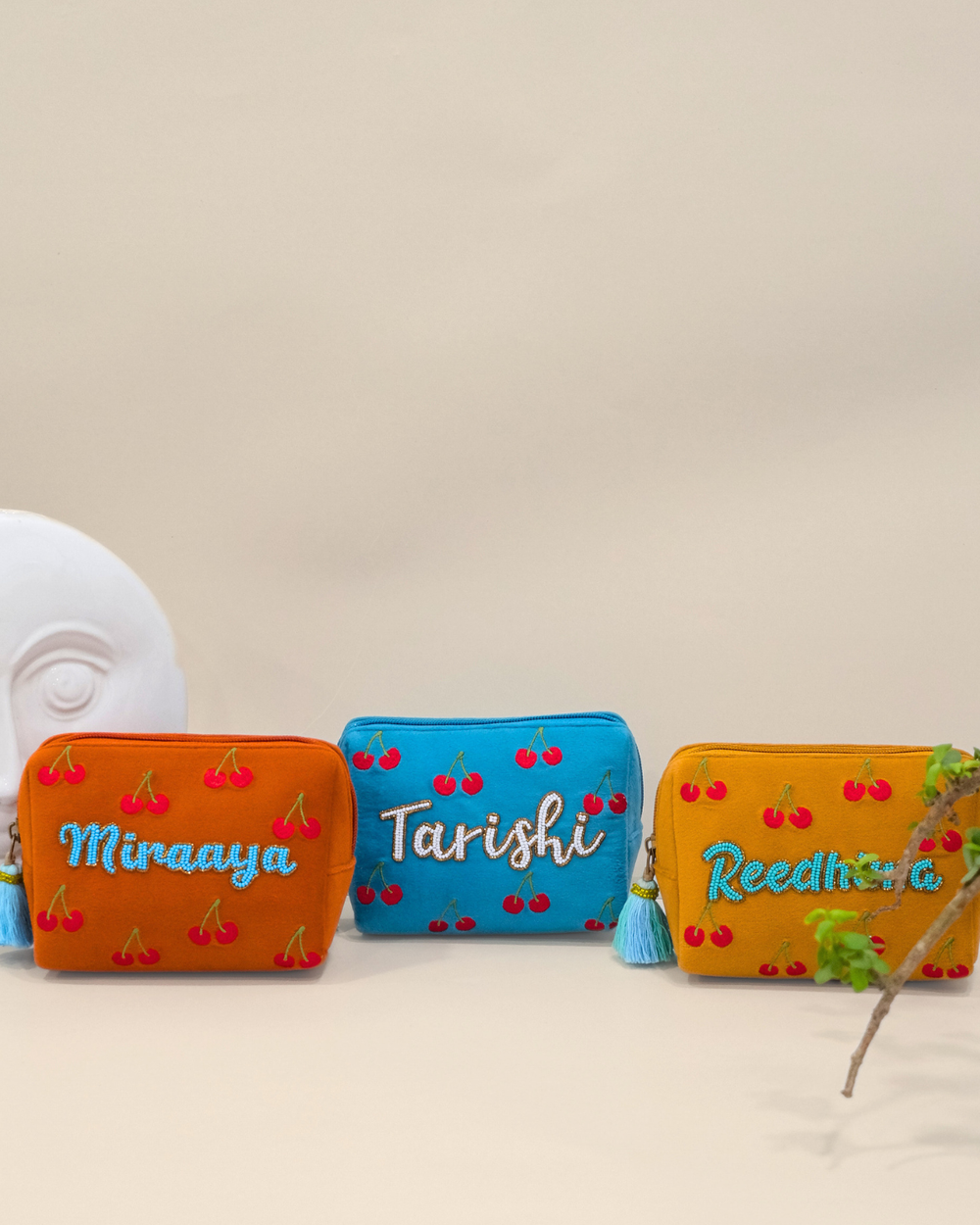 Reedhima Yellow Cherry Name Pouch – Personalized Embroidered Makeup & Accessory Pouch