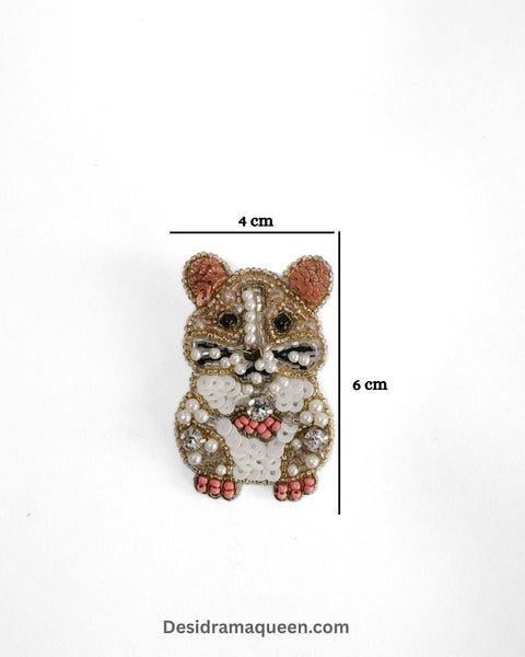 Handmade hamster brooch with sequins, beads, and pearls