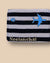 Durable striped passport cover with airplane embroidery for travel use.