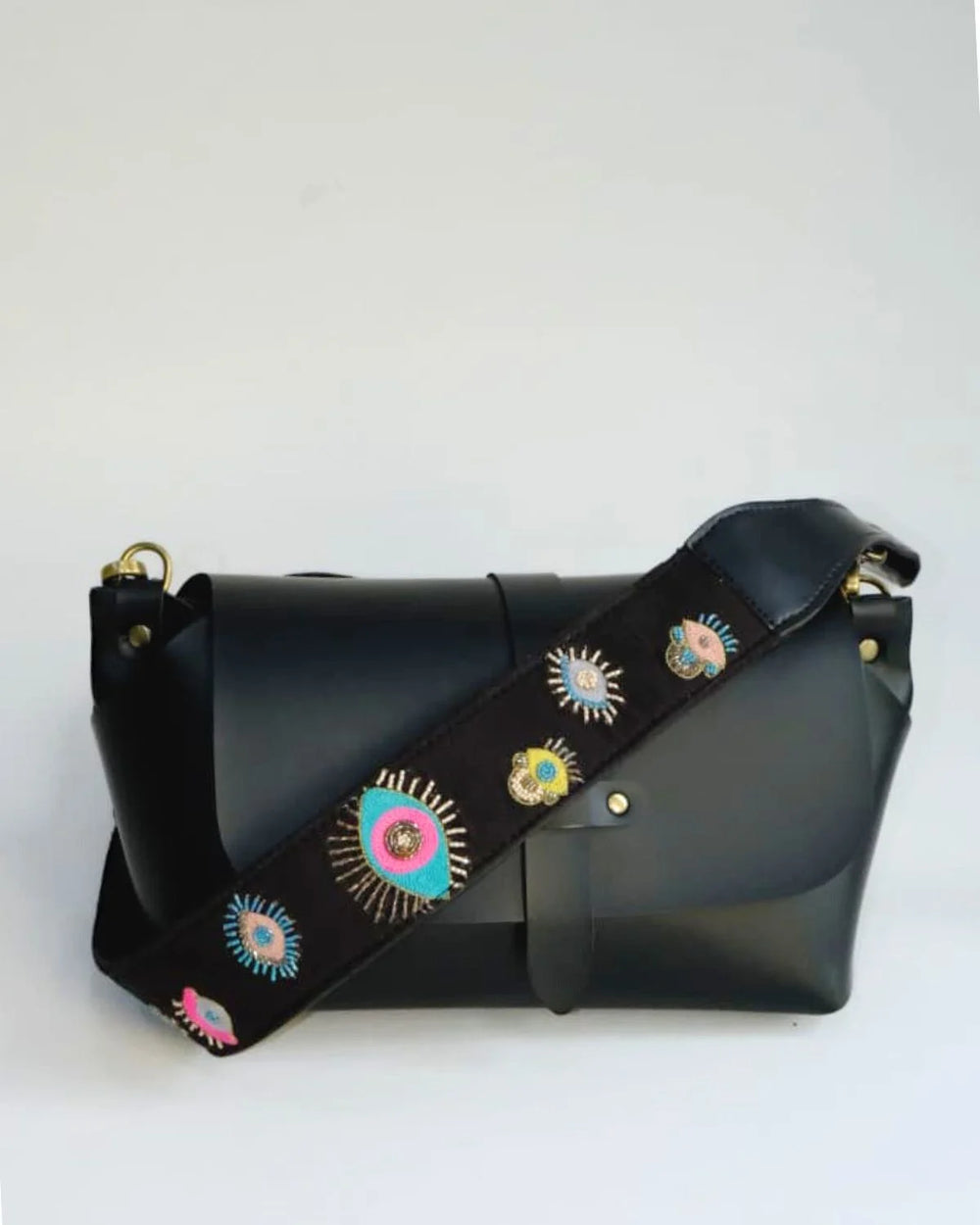 Evil Eye Strap Sling Bag - Black (With Embroidered Handle)