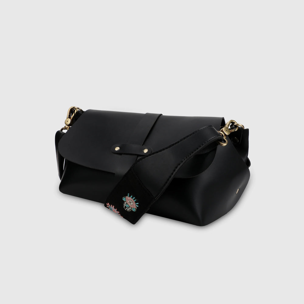 Evil Eye Strap Sling Bag - Black (With Embroidered Handle)