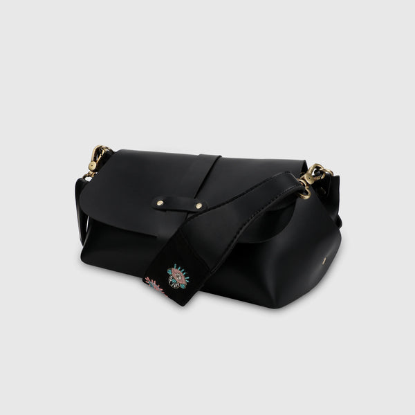 Evil Eye Strap Sling Bag - Black (With Embroidered Handle)