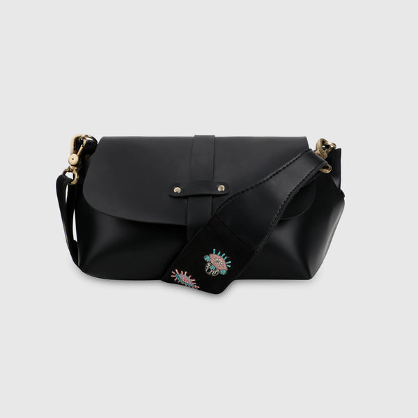 Evil Eye Strap Sling Bag - Black (With Embroidered Handle)