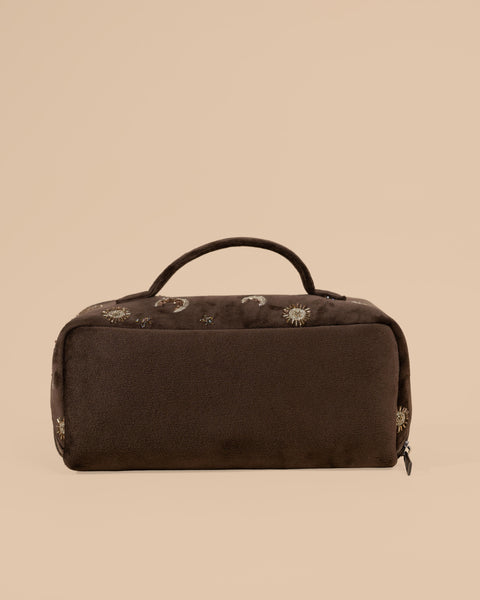 Brown  Velvet fabric pouch featuring handcrafted moon, sun, and star designs, ideal cosmetic bag