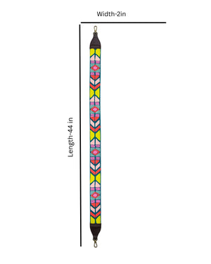 Multicolored strap with geometric pattern and measurement details on a white background