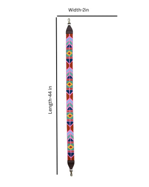 Colorful patterned strap with measurements on a white background