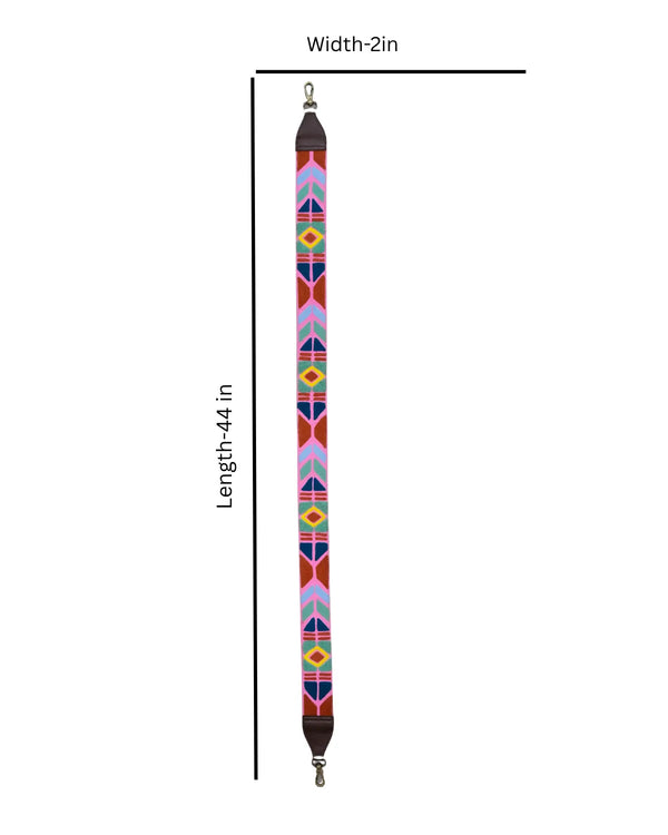 Colorful patterned strap with measurements on a white background