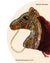 Brown and gold beaded horse brooch with maroon mane, handmade equestrian-inspired lapel accessory.