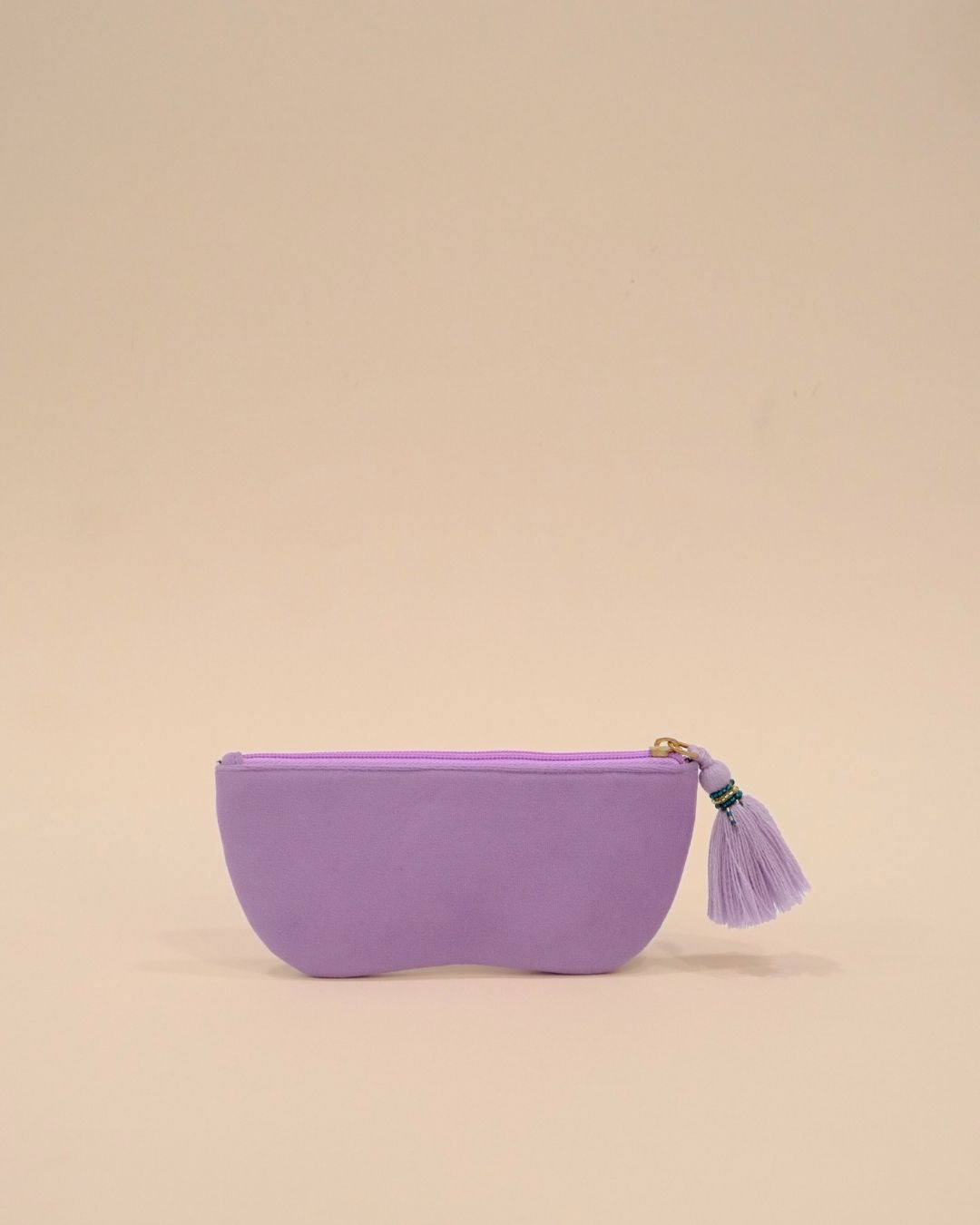 Lavender sunglass cover with beaded spectacle embroidery and tassel zipper, handmade pouch for sunglasses and small essentials.