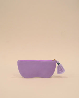 Lavender sunglass cover with beaded spectacle embroidery and tassel zipper, handmade pouch for sunglasses and small essentials.