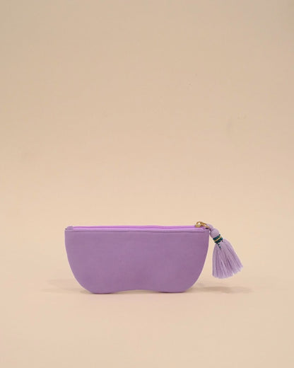 Lavender sunglass cover with beaded spectacle embroidery and tassel zipper, handmade pouch for sunglasses and small essentials.