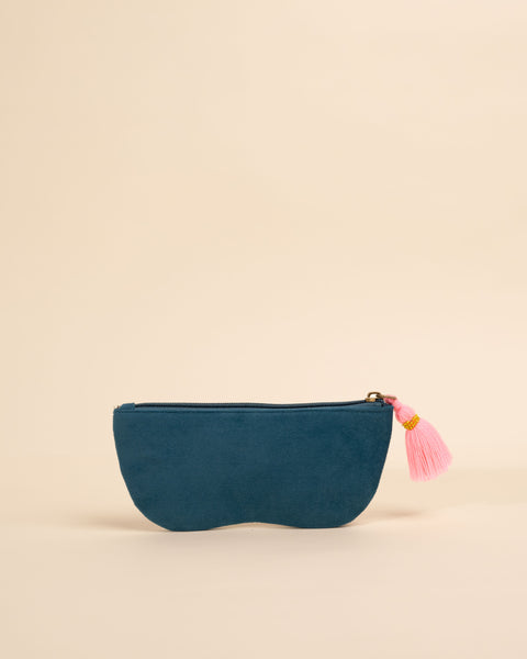 Sunglass cover with neon wool tassel, golden beads, and detailed embroidered design