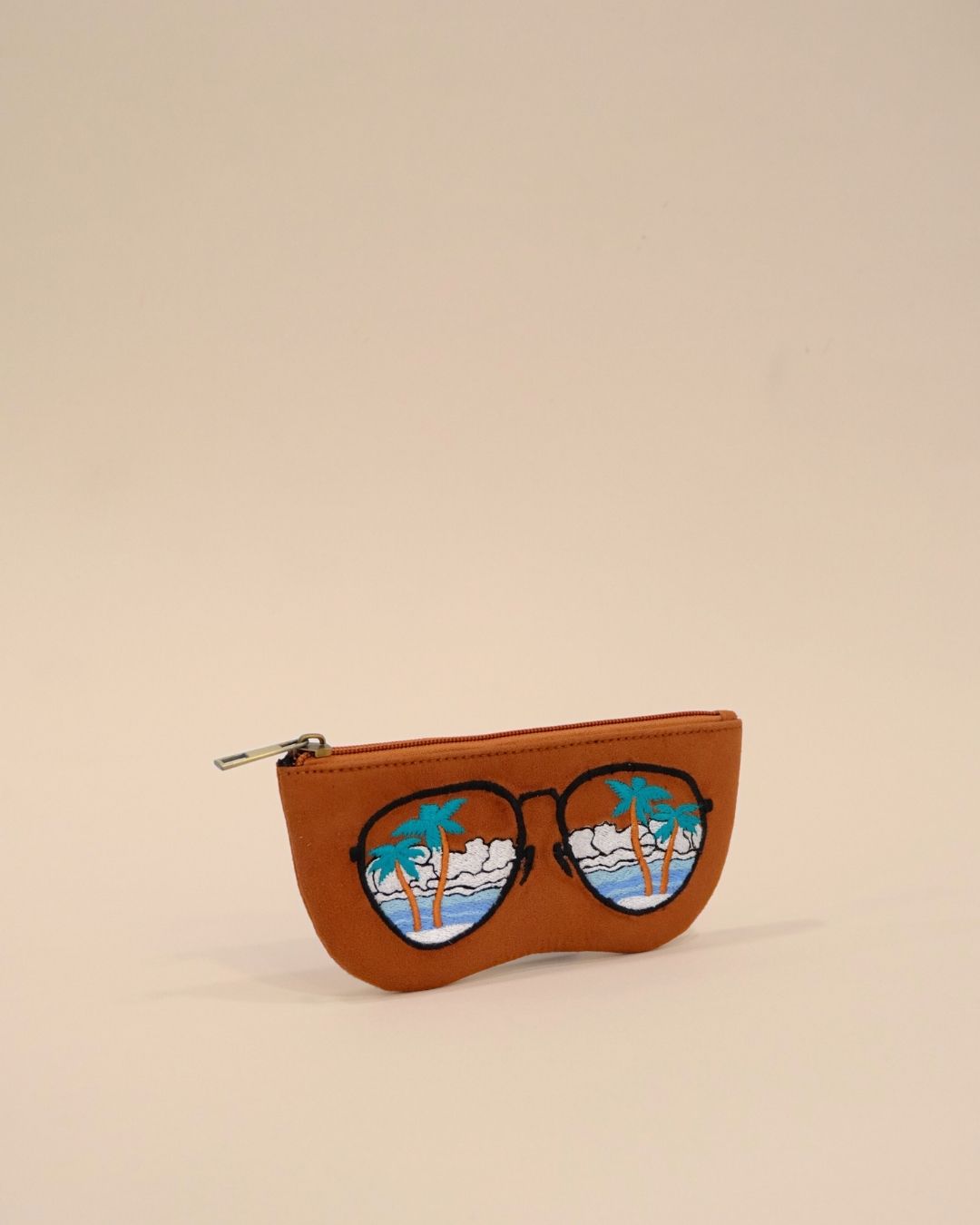 Brown embroidered sunglass case with tropical beach design, quirky handmade pouch for eyewear, makeup, and small essentials