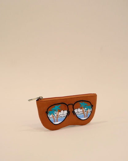 Brown embroidered sunglass case with tropical beach design, quirky handmade pouch for eyewear, makeup, and small essentials