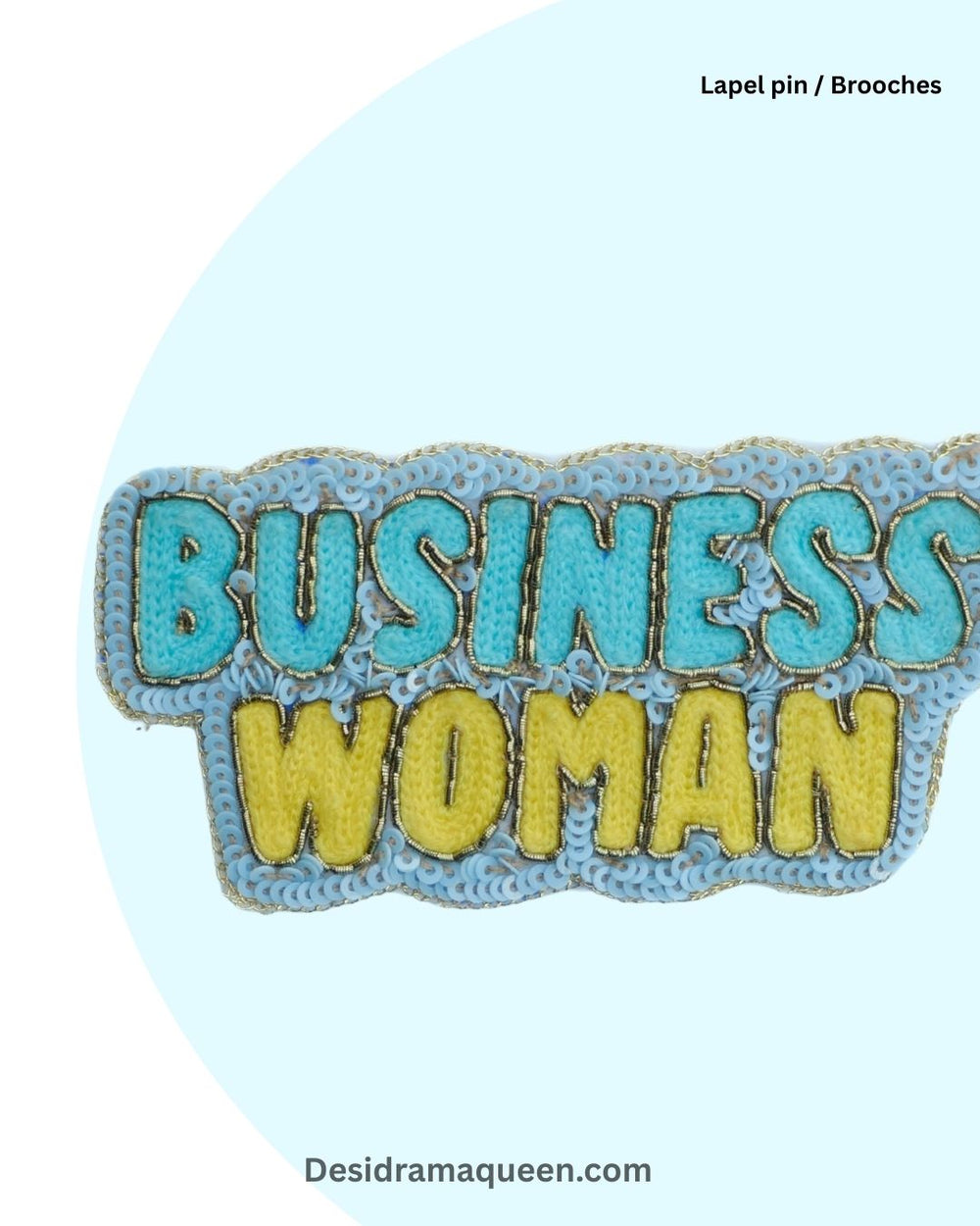 Handmade business woman brooch with beaded embroidery in blue and yellow, symbol of empowerment