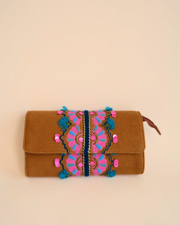 Brown fabric clutch bag with pink embroidery and sequin embellishments