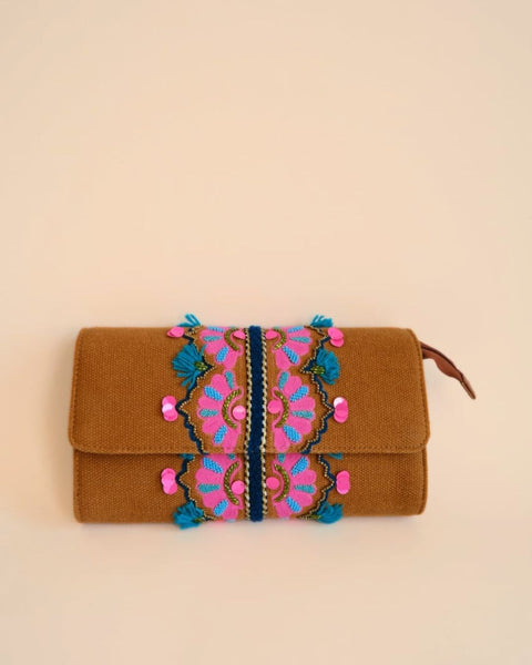 Brown fabric clutch bag with pink embroidery and sequin embellishments