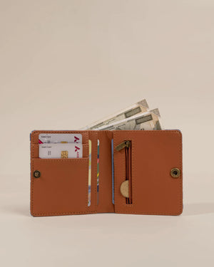 Brown leather wallet with cards and money on a beige background