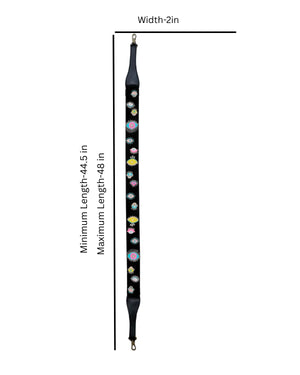 Black strap with colorful beads and measurement details on a white background