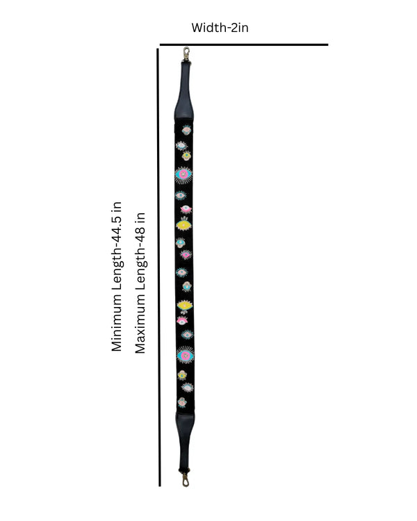 Black strap with colorful beads and measurement details on a white background