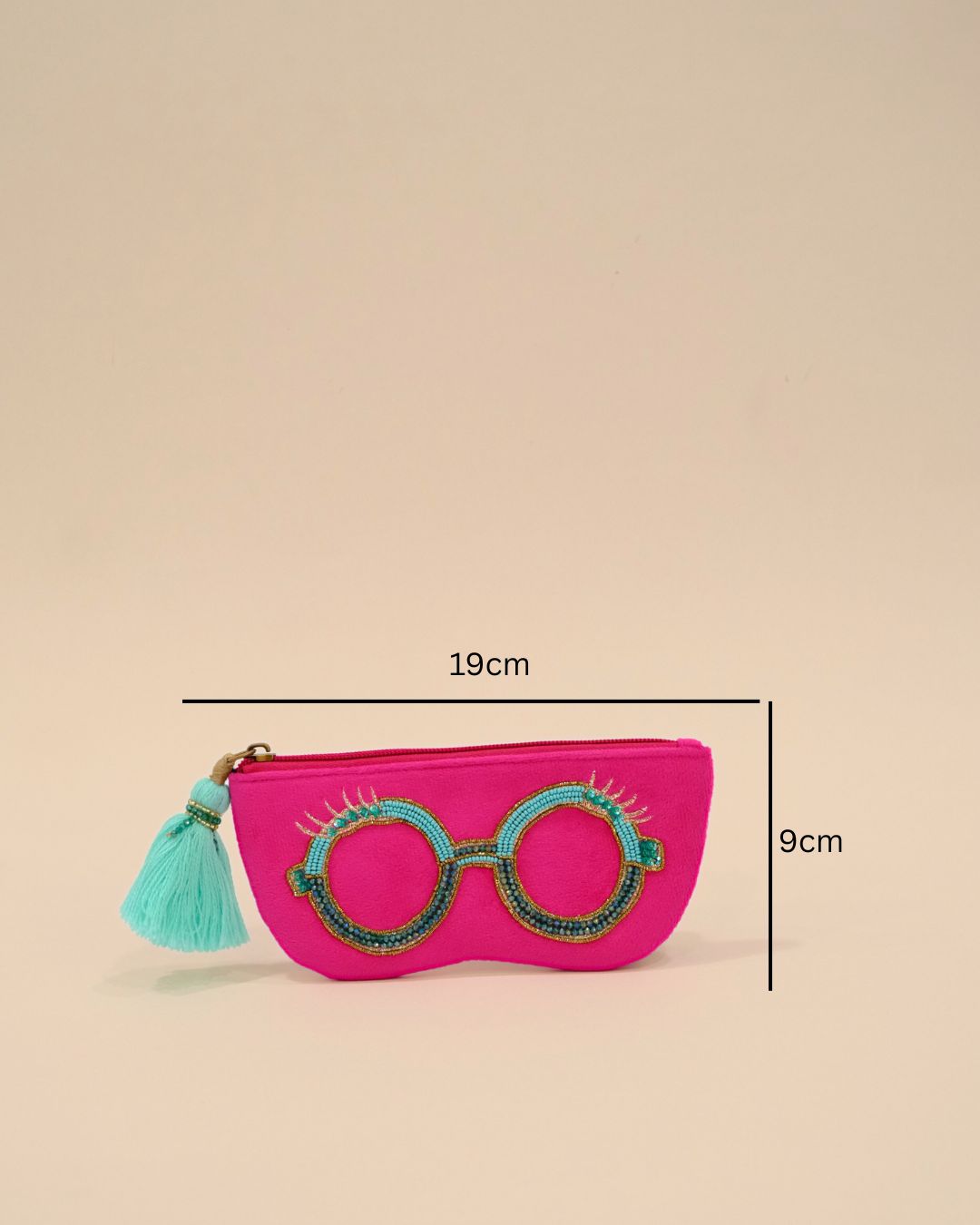 Vibrant fuchsia pink sunglass cover featuring turquoise beaded glasses embroidery, handmade pouch with aqua tassel zip pull